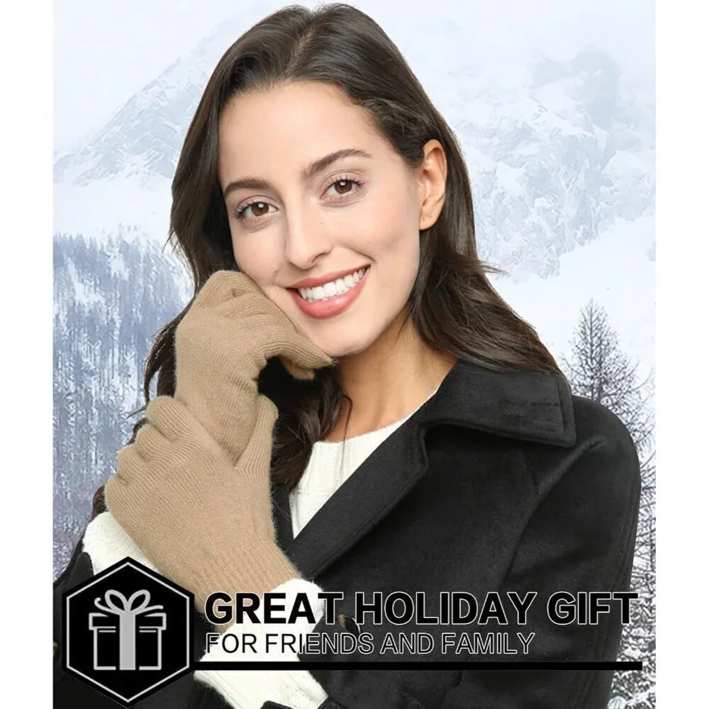 Women's Khaki Winter Touchscreen Wool Magic Warm Knit Fleece Lined Gloves
